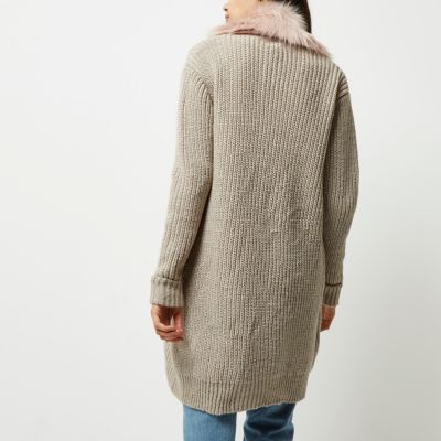 Beige faux fur trim cardigan